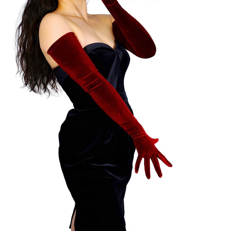 DooWay Women Extra Long Velvet Gloves Stretch 28 inches 1920s Party Evening Wedding Prom Accessories Burgundy - Image 2